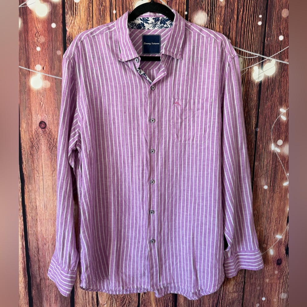 Tommy Bahama Lavender Striped Men's Shirt 100% Linen Large